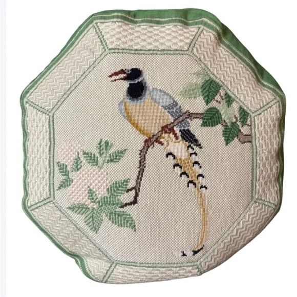 Vintage needlepoint pillow with exotic bird Handmade Approximately 17” x 17” - Picture 1 of 10